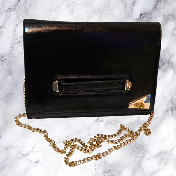 Kensie Handbags - Kensie Black Leather Clutch Crossbody Gold Chain Evening Bag Minimalist Chic